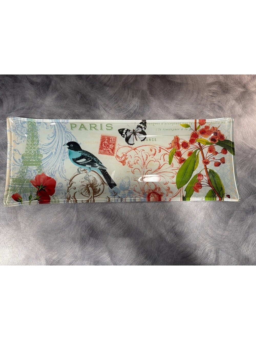 Vintage Paris Glass Decoupage Tray Eiffel Tower Bird French Shabby Chic Decor